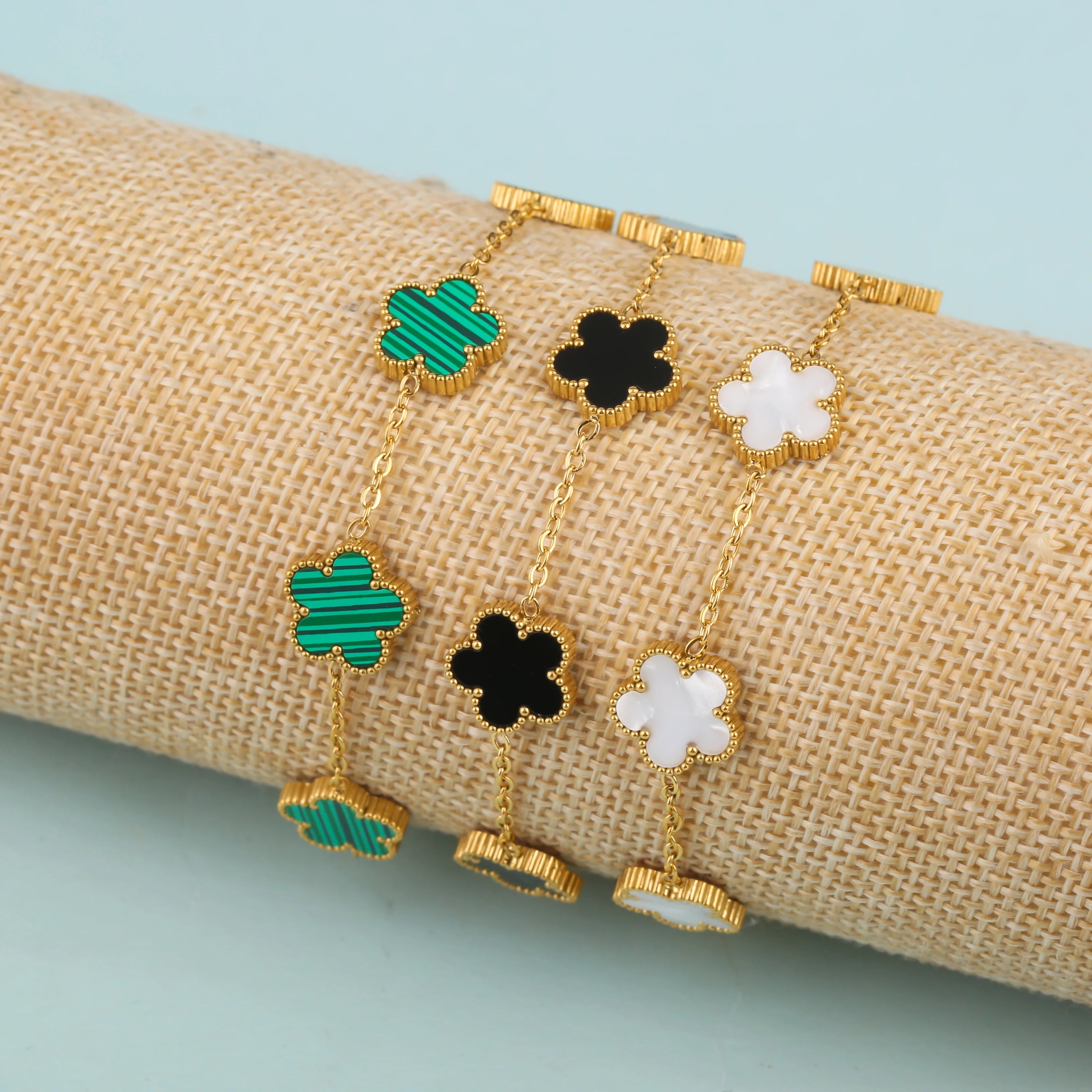  Stainless Steel Clover Bracelet for Women - Adjustable Five-Leaf Flower with Shell and Acrylic Design 