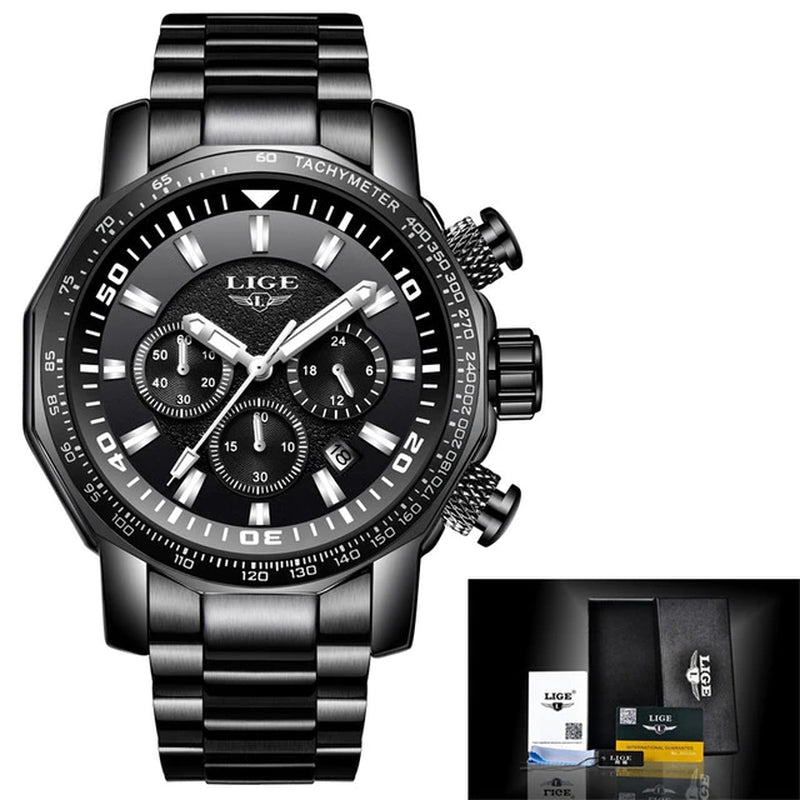 New LIGE Men's Waterproof Date Luxury Watch: Large Dial, Chronograph, Stainless Steel Quartz Wristwatch